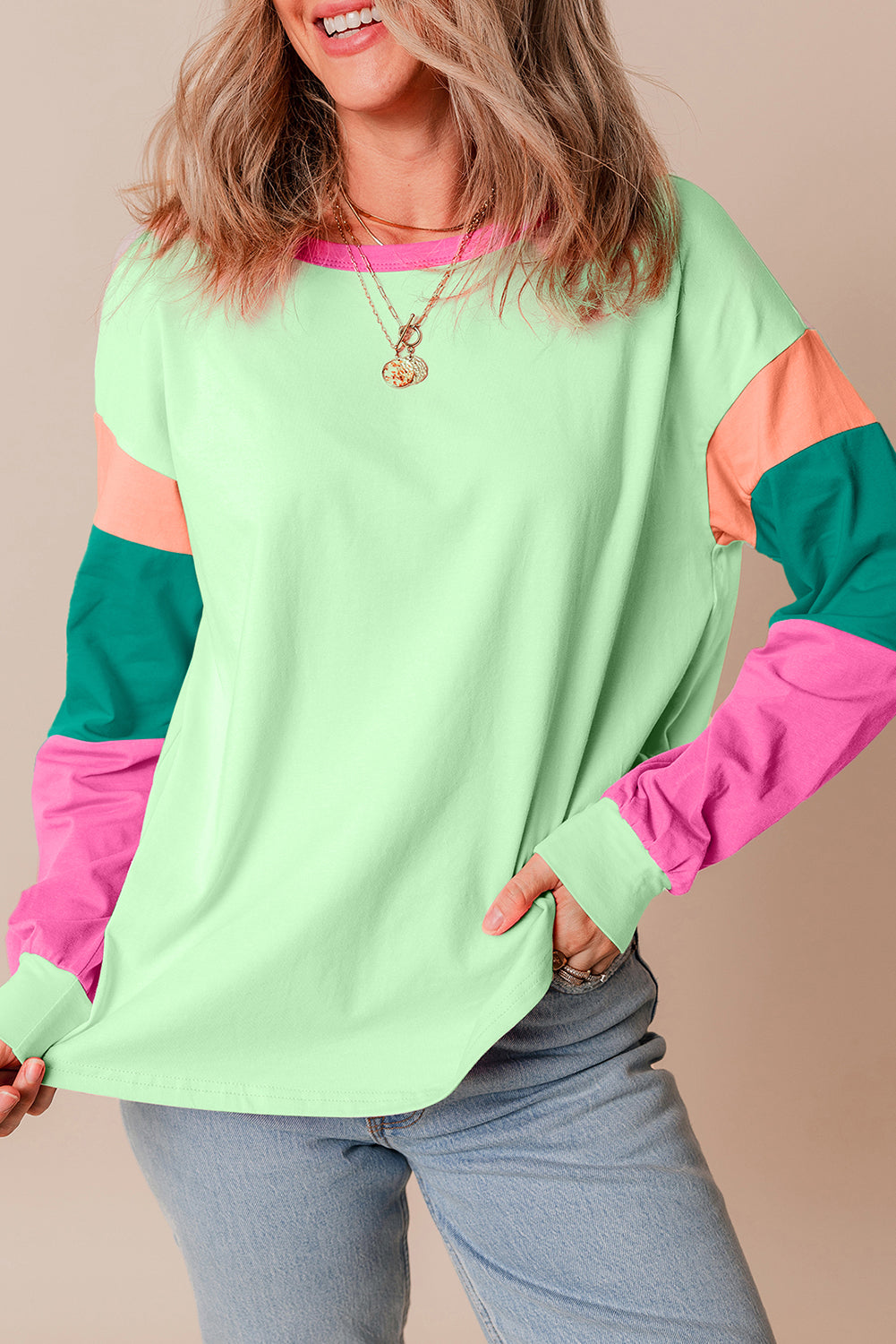 Pink Colorblock Patchwork Long Sleeve Loose Top