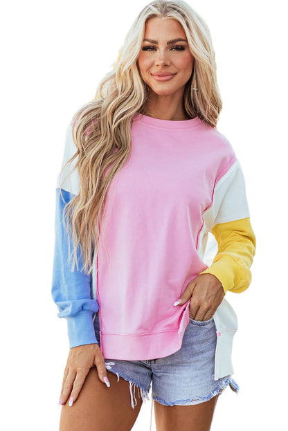 Bonbon Color Block Exposed Seam Side Slits Crewneck Sweatshirt