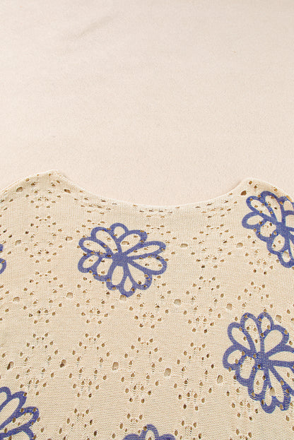 Beige Contrast Flower Print Eyelet Drop Shoulder Sweater