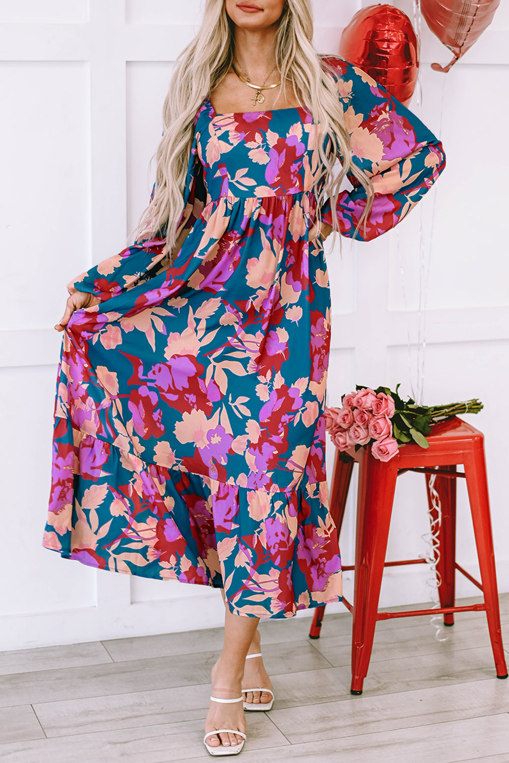 Multicolour Floral Print Square Neck Ruffled High Waist Dress