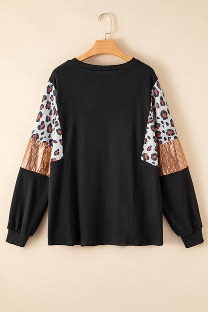 Black Leopard Sequin Patch Plus Size Long Sleeve Top