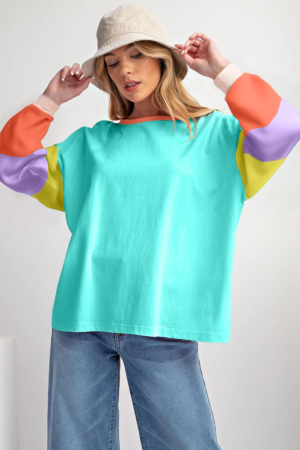 Pink Colorblock Patchwork Long Sleeve Loose Top