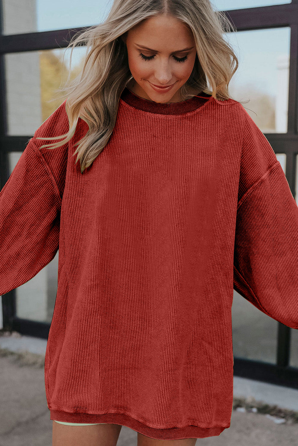 Apricot Ribbed Corduroy Oversized Sweatshirt