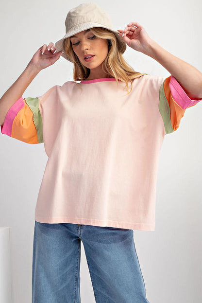 Light Blue Color Block Stitching Sleeve Round Neck Oversize Top