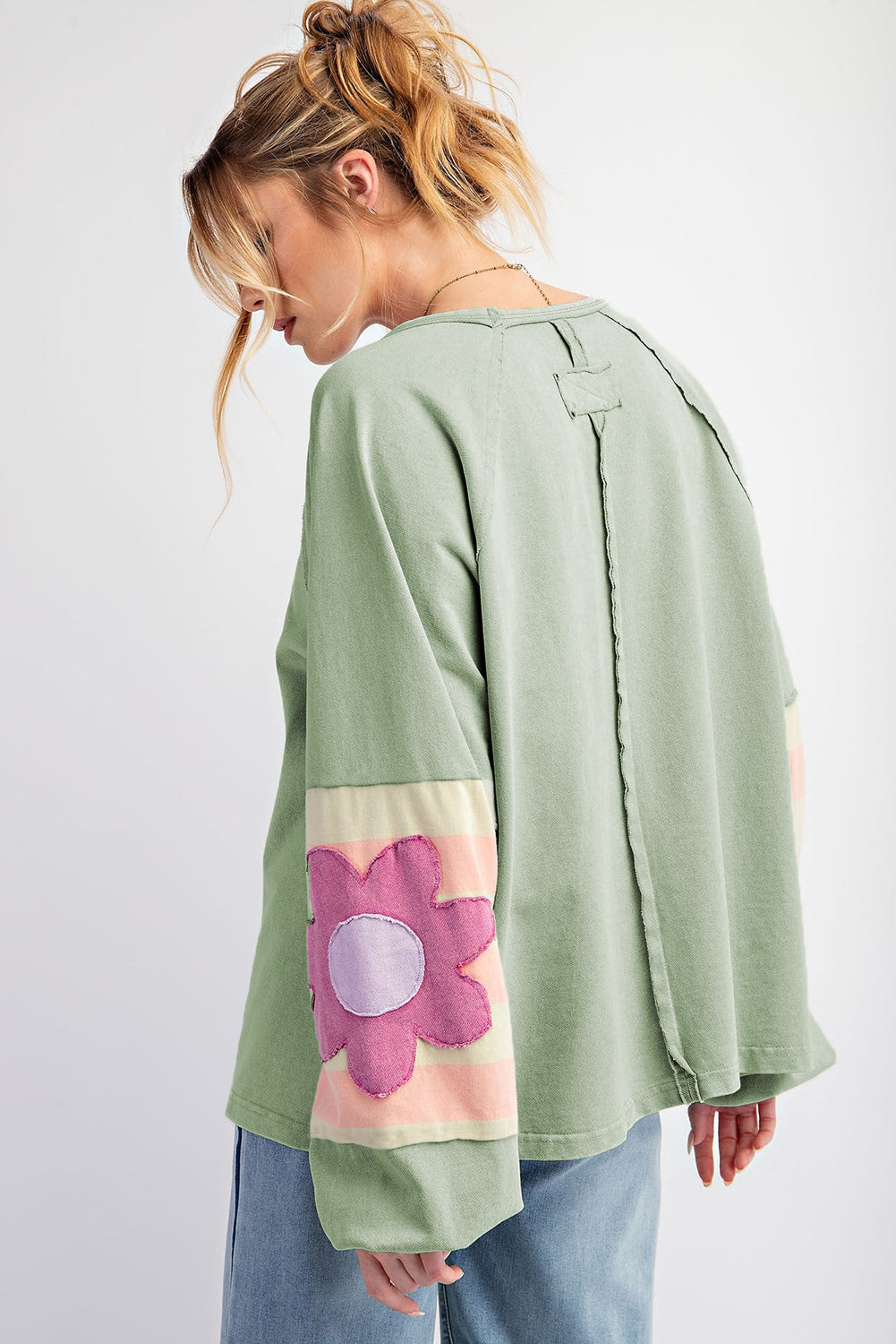 Sail Blue Flower Patchwork Raglan Sleeve Exposed Seam Oversized Top