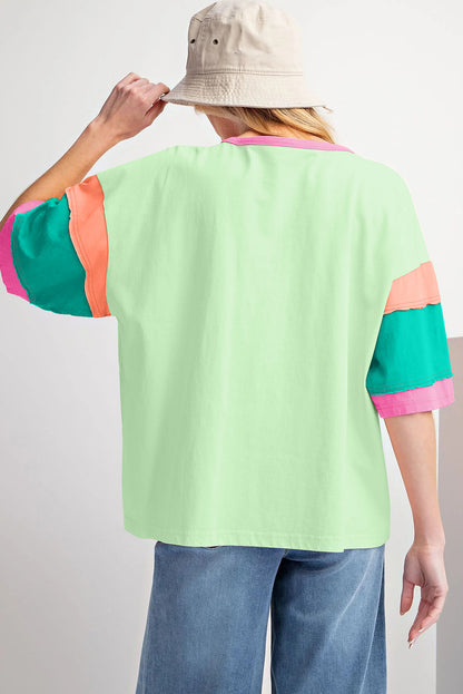 Light Blue Color Block Stitching Sleeve Round Neck Oversize Top