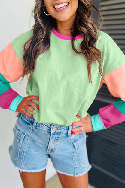 Pink Colorblock Patchwork Long Sleeve Loose Top