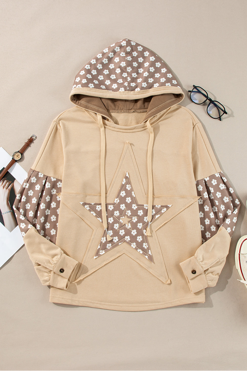 Delicacy Floral Patchwork Star Pattern Drawstring Hoodie