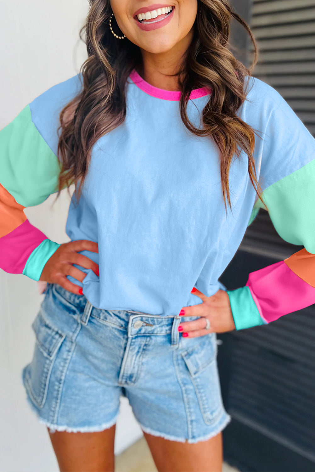 Pink Colorblock Patchwork Long Sleeve Loose Top