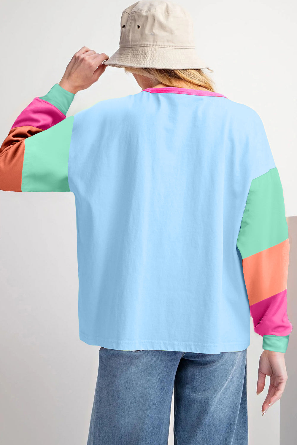 Pink Colorblock Patchwork Long Sleeve Loose Top