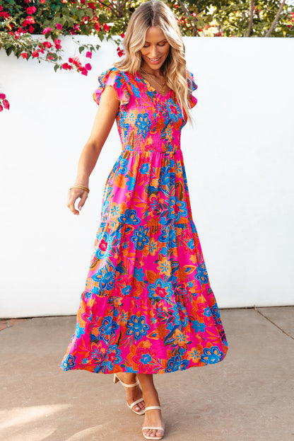 Dark Blue Boho Floral V Neck Ruffle Tiered Long Dress