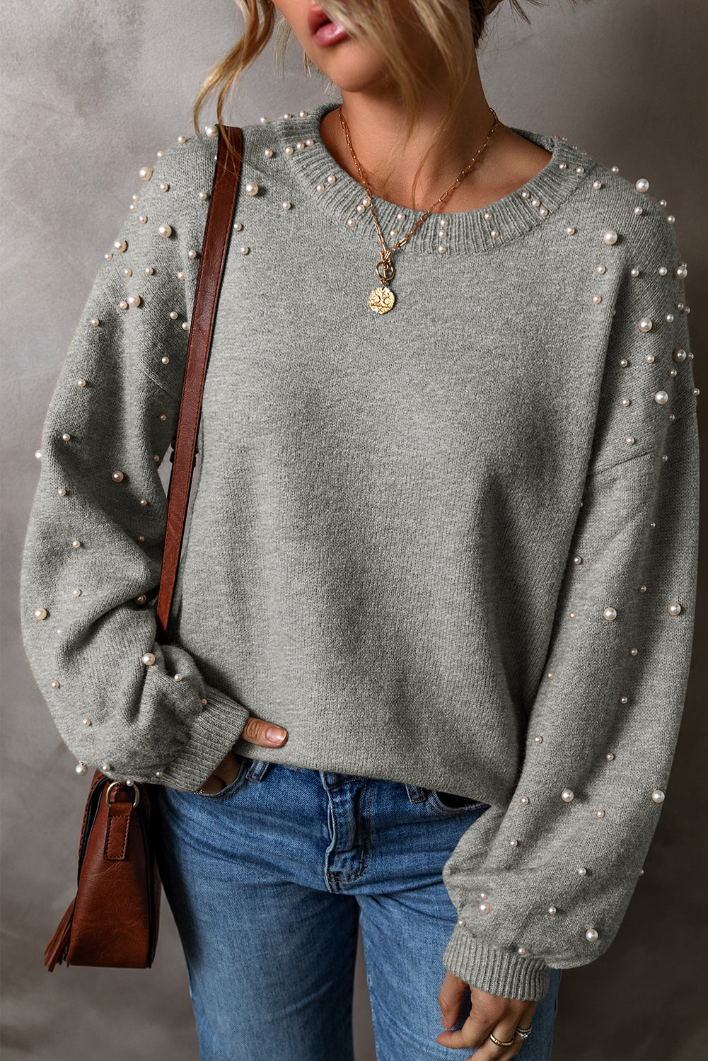 Evergreen Pearled Drop Shoulder Round Neck Sweater