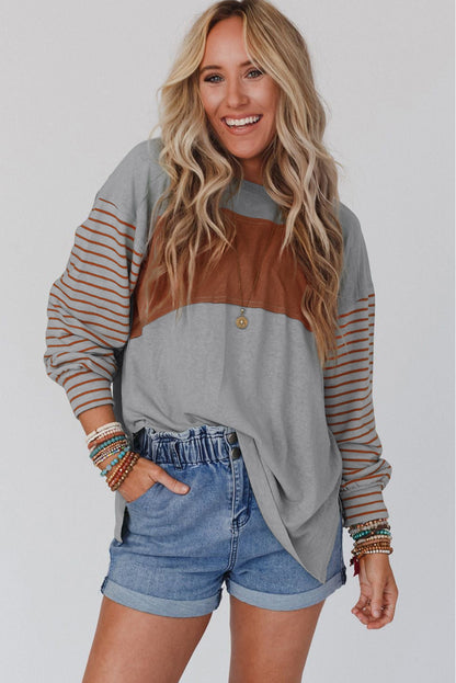 Gray Colorblock Striped Bishop Sleeve Top