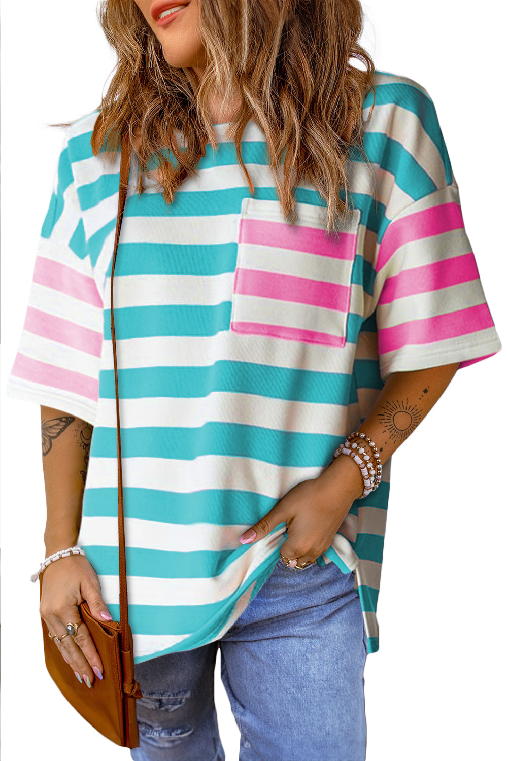 Pink Stripe Contrast Patch Pocket Drop Sleeve T Shirt