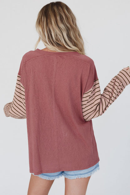 Gray Colorblock Striped Bishop Sleeve Top