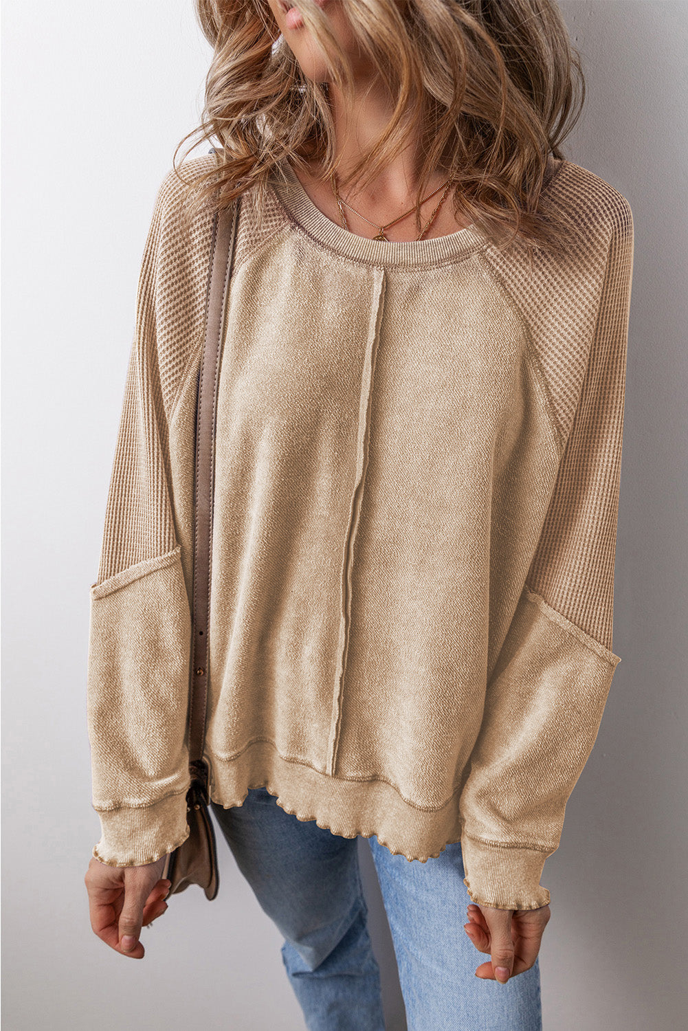 Orchid Petal Waffle Knit Patchwork Exposed Seam Raglan Sweatshirt