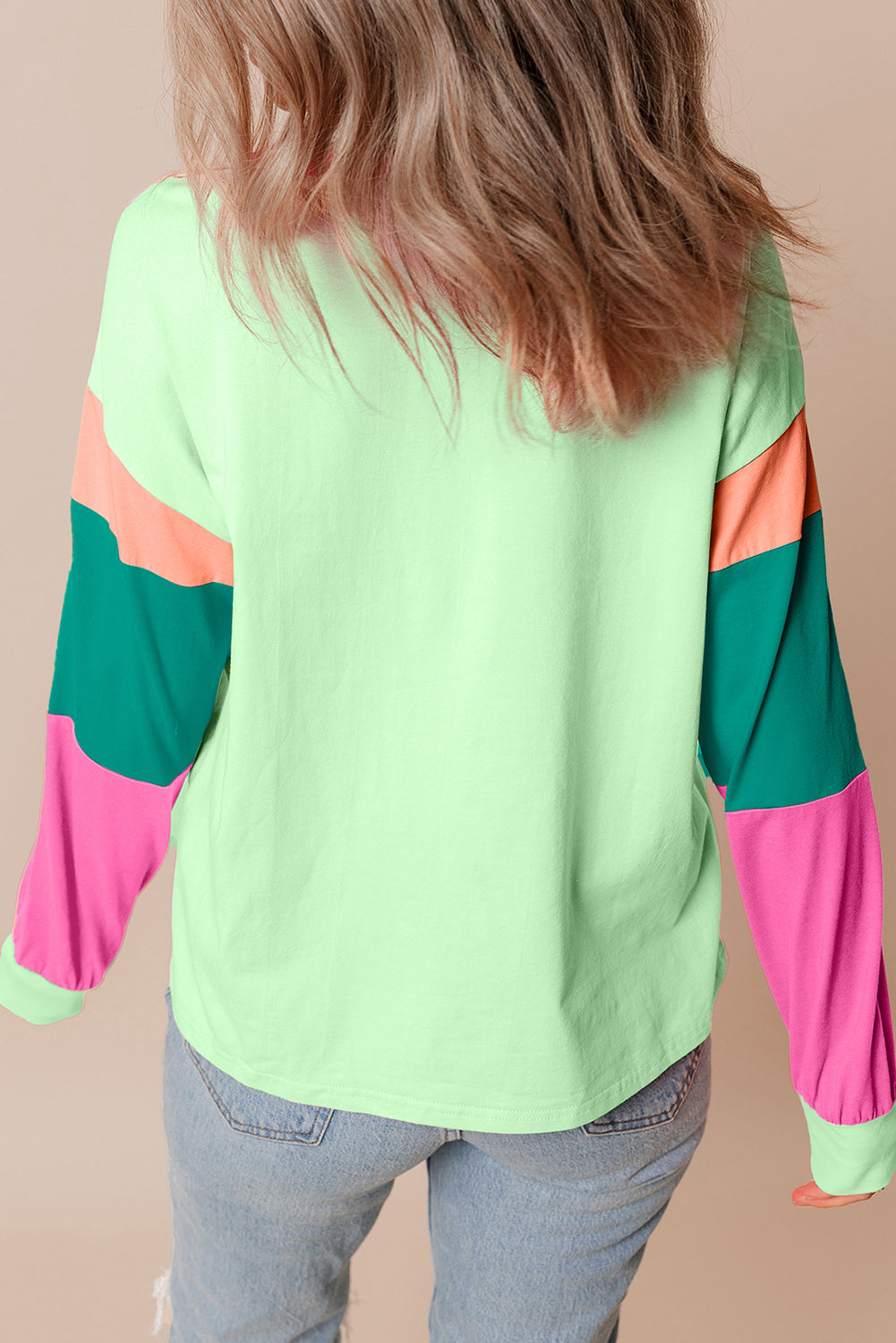 Pink Colorblock Patchwork Long Sleeve Loose Top