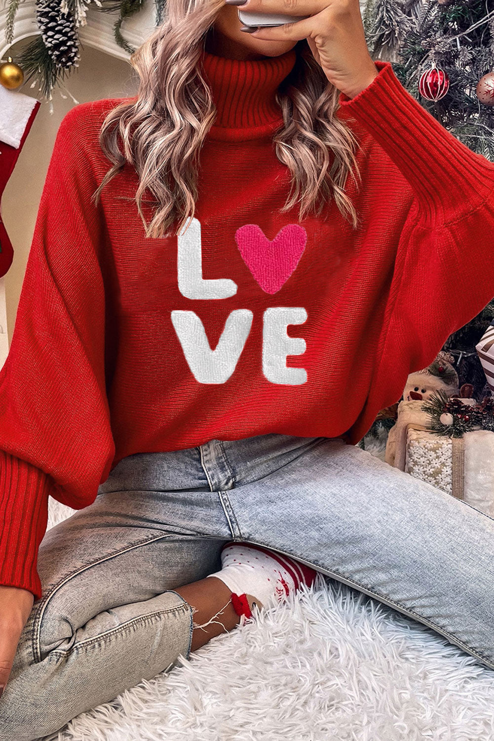 Red Merry Letter Embroidered High Neck Sweater