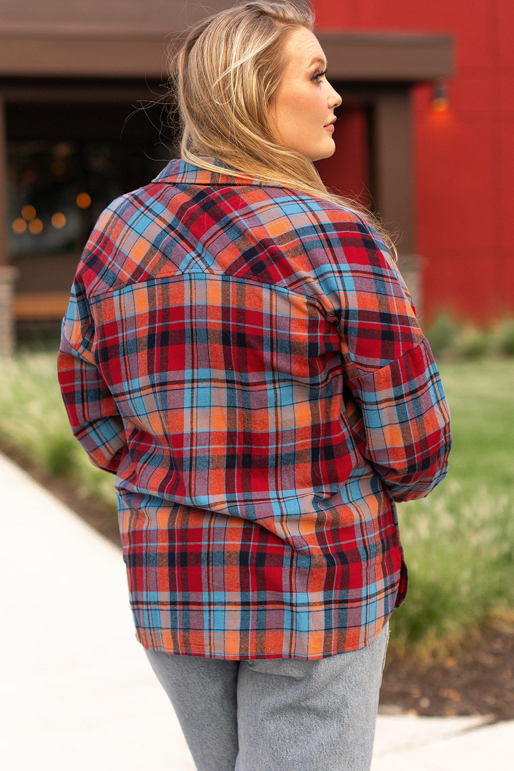 Red Plus Size Plaid Print Buttoned Shirt