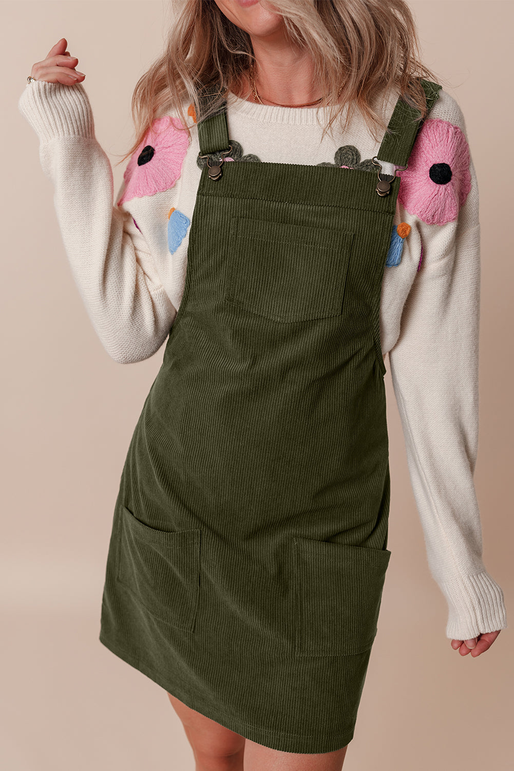 Cinnamon Solid Front Pockets Sleeveless Corduroy Overall Dress