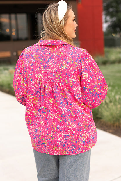 Purple Plus Size Floral Print Puff Sleeve V Neck Blouse