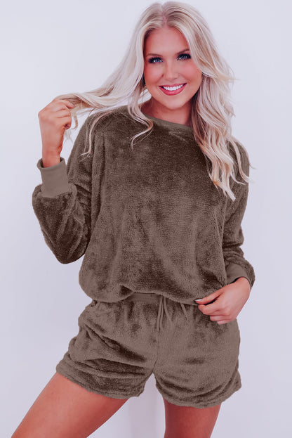 Coffee Solid Loose Fit Two Piece Fleece Lounge Set