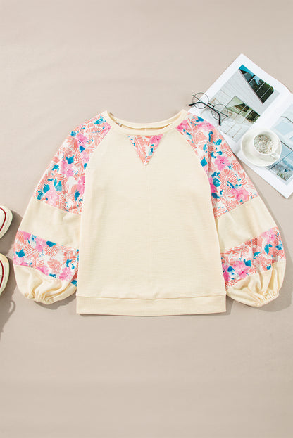 Apricot Textured Floral Patchwork Balloon Sleeve Blouse