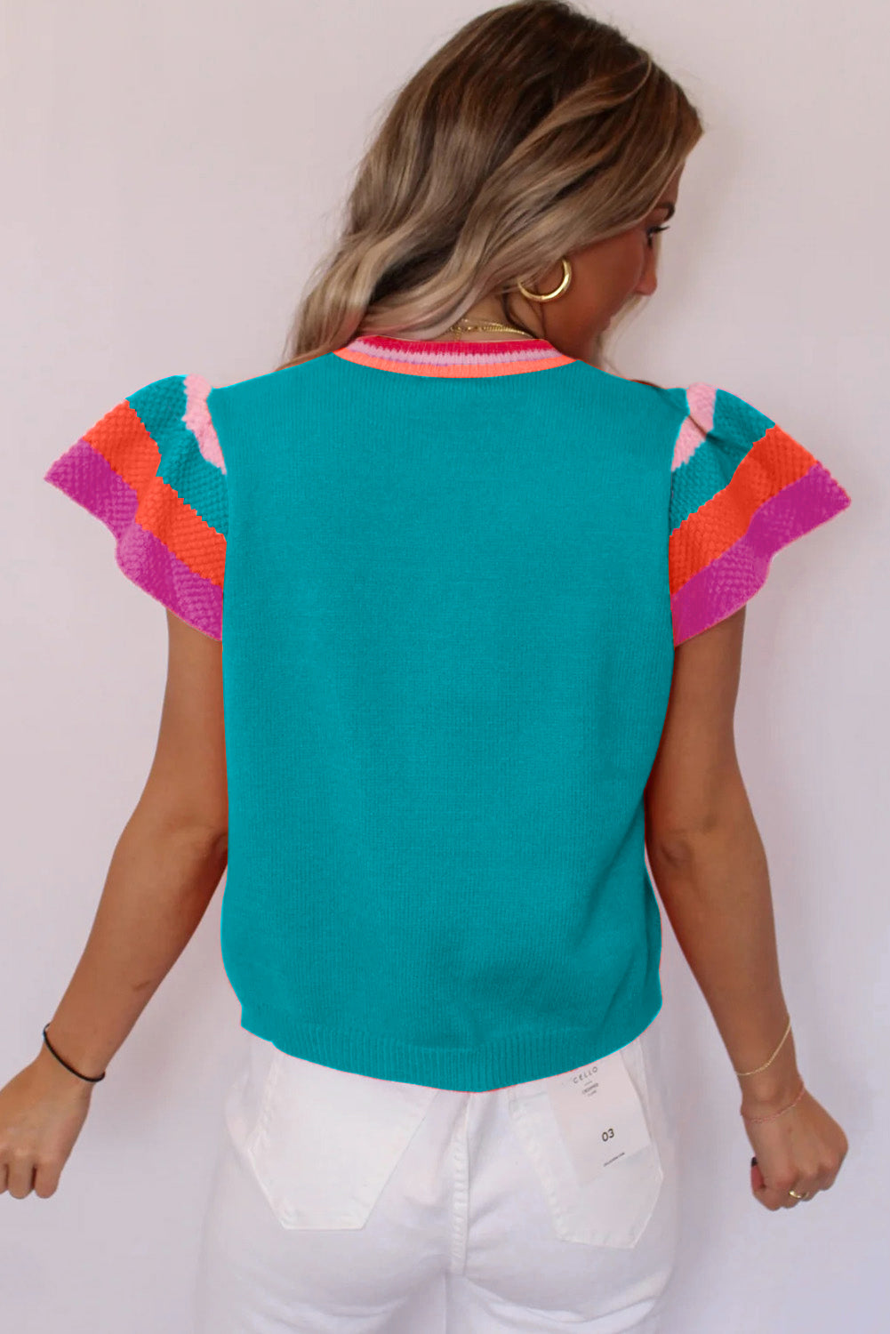 Turquoise Contrast Flutter Sleeves Knitted Sweater T Shirt