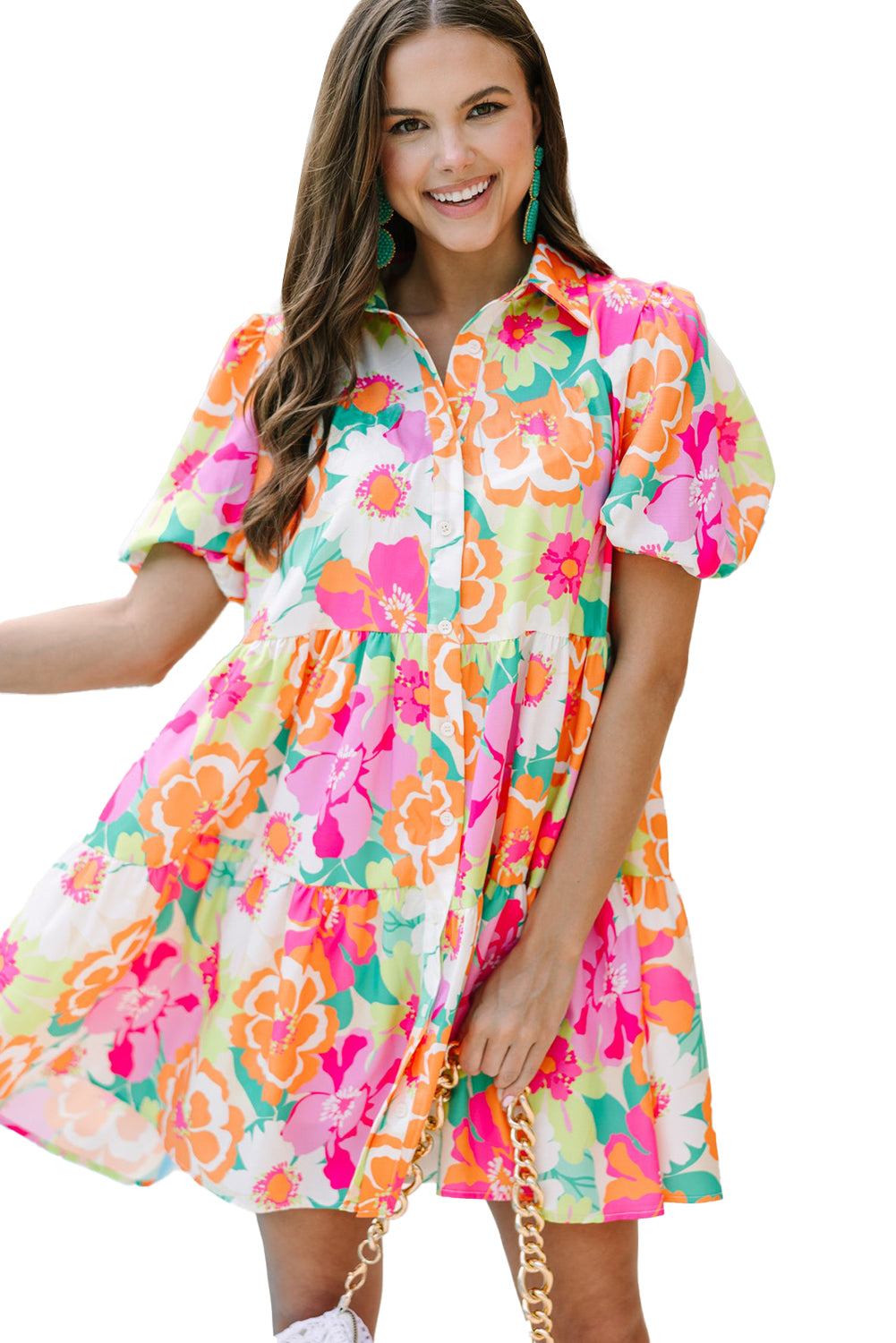 Pink Floral Puff Sleeve Collar Buttoned Babydoll Dress