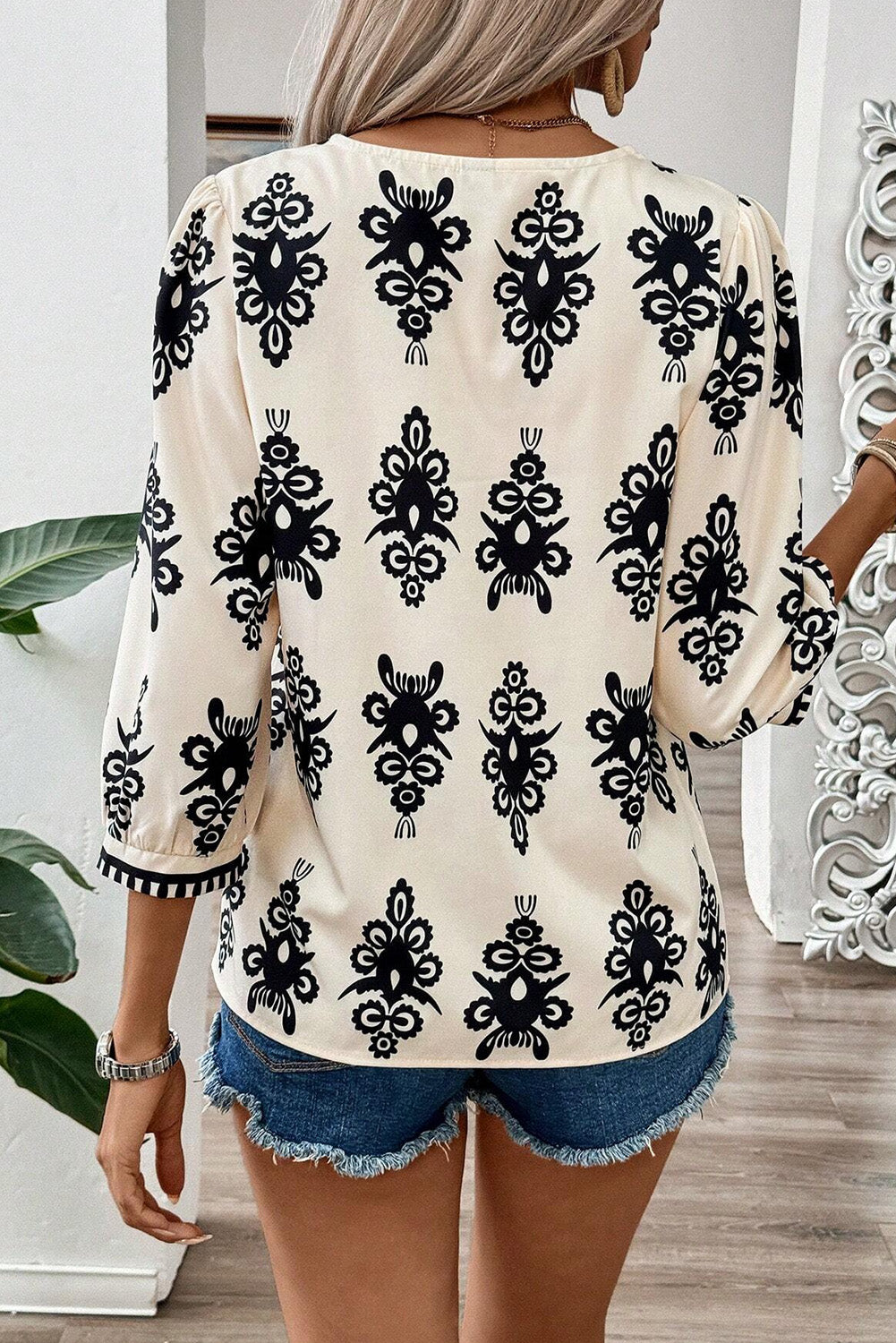 Black Vintage Geometric Printed 3/4 Sleeve V Neck Blouse