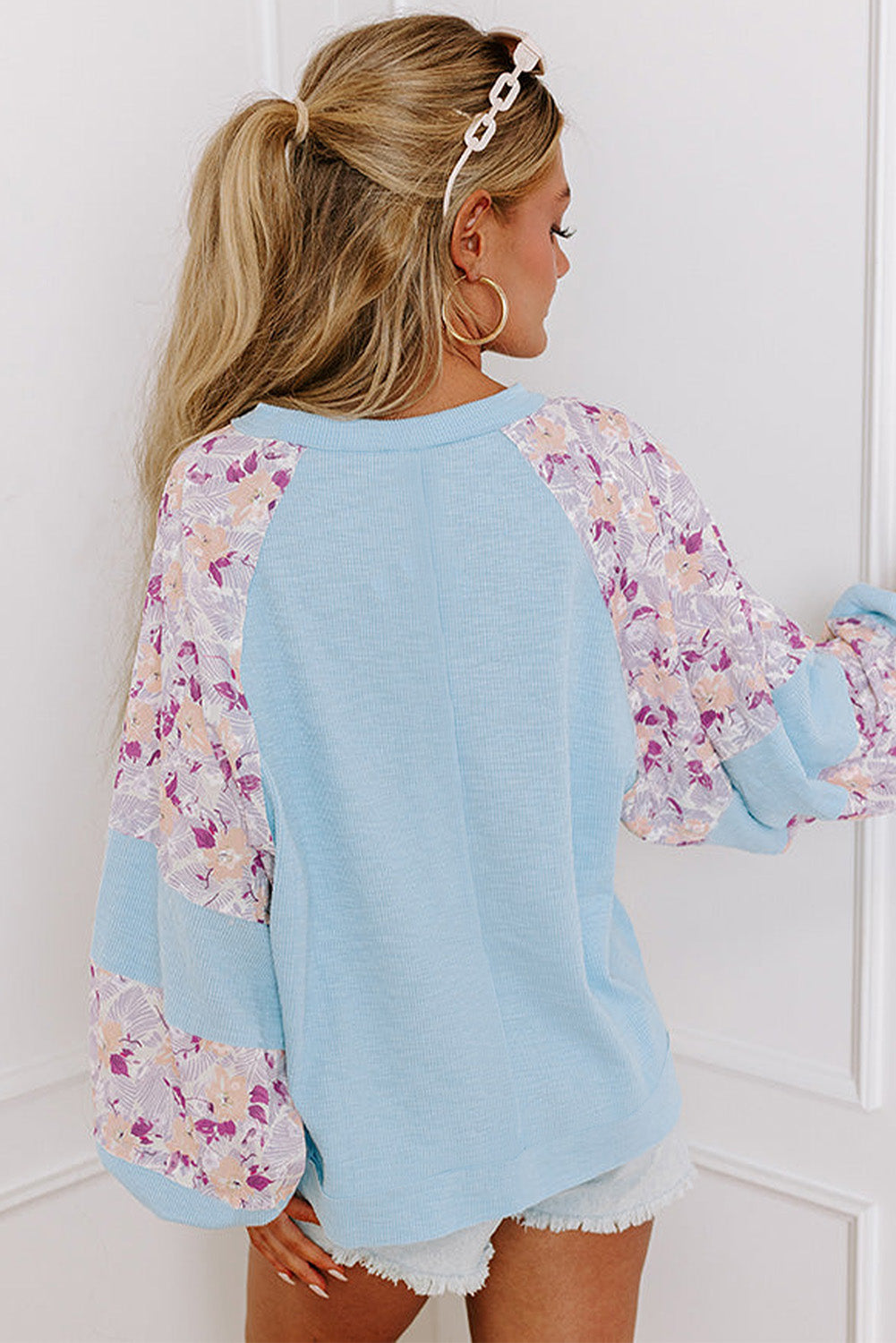 Apricot Textured Floral Patchwork Balloon Sleeve Blouse