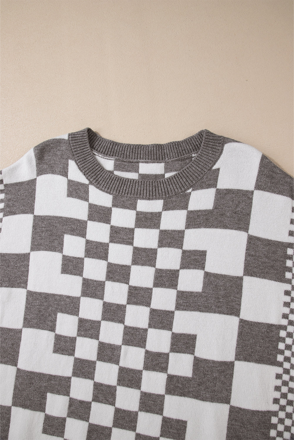 Gray Checkered Print Drop Shoulder Round Neck Sweater