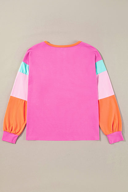 Pink Colorblock Patchwork Long Sleeve Loose Top