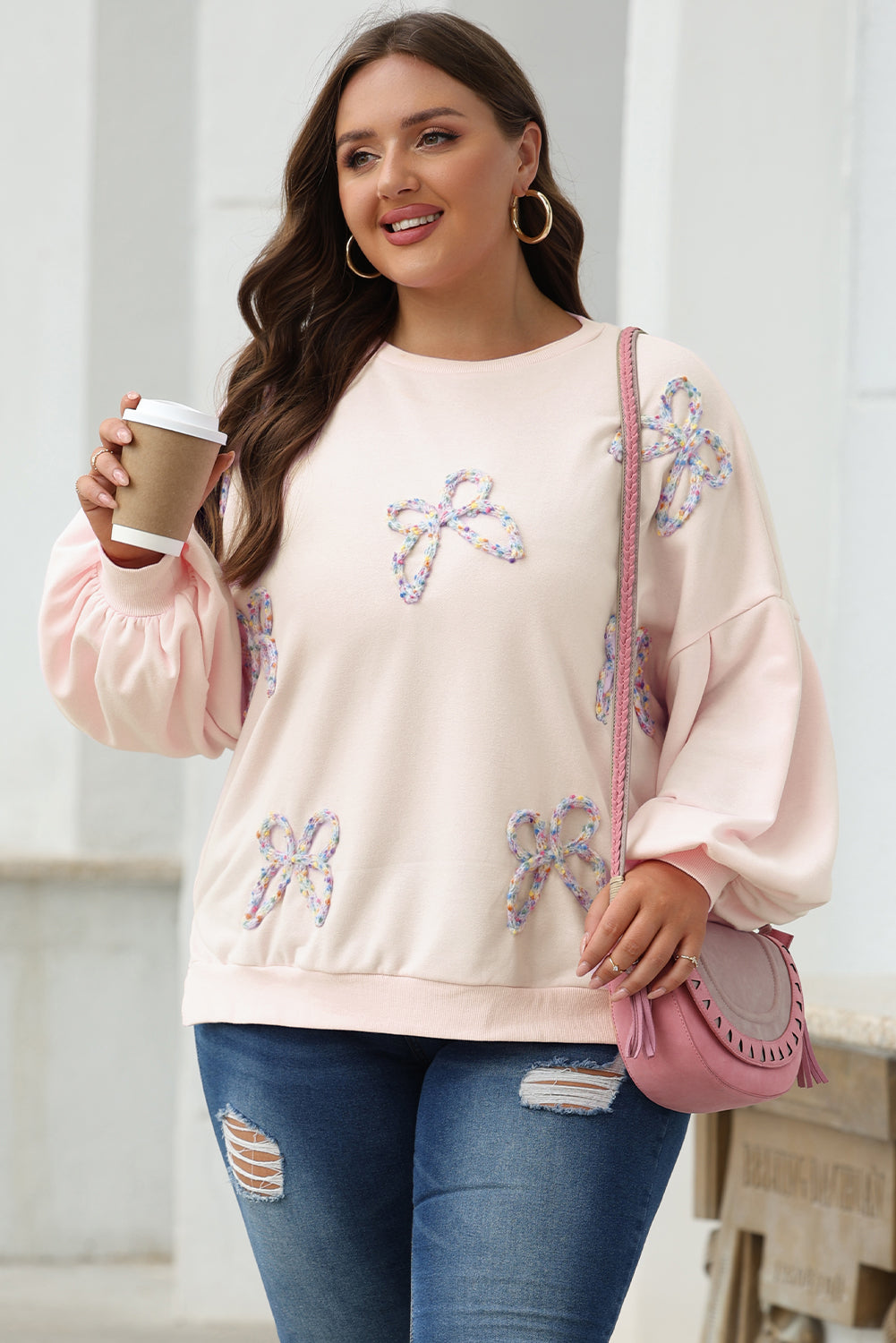 Light Pink Embroidered Bow Lantern Sleeve Oversized Pullover Sweatshirt