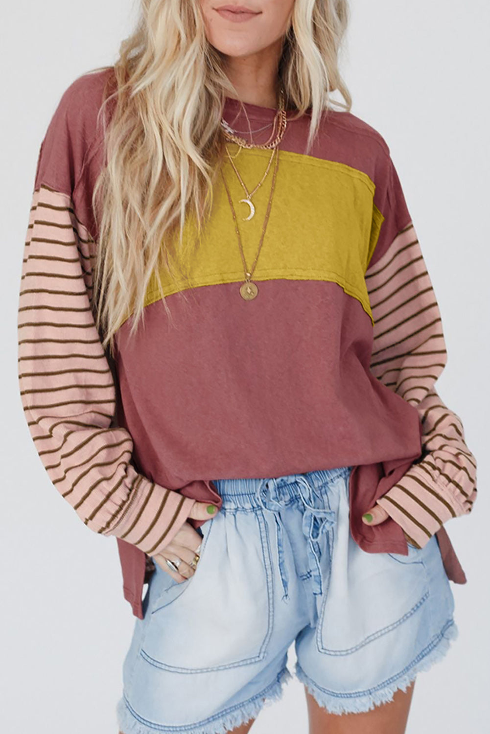 Gray Colorblock Striped Bishop Sleeve Top