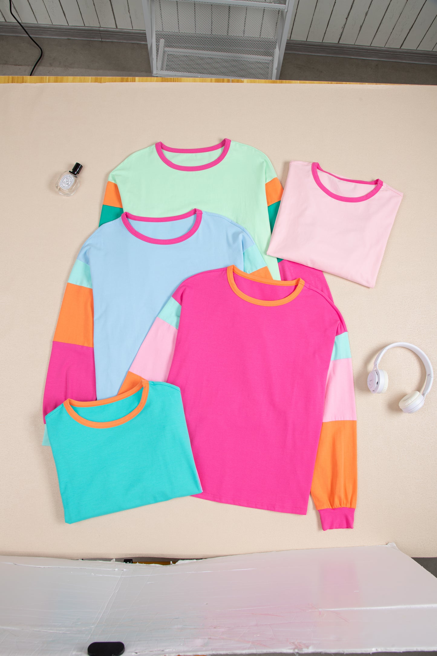 Pink Colorblock Patchwork Long Sleeve Loose Top