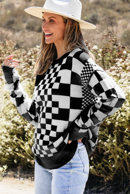 Brown Checkered Print Drop Shoulder Round Neck Sweater