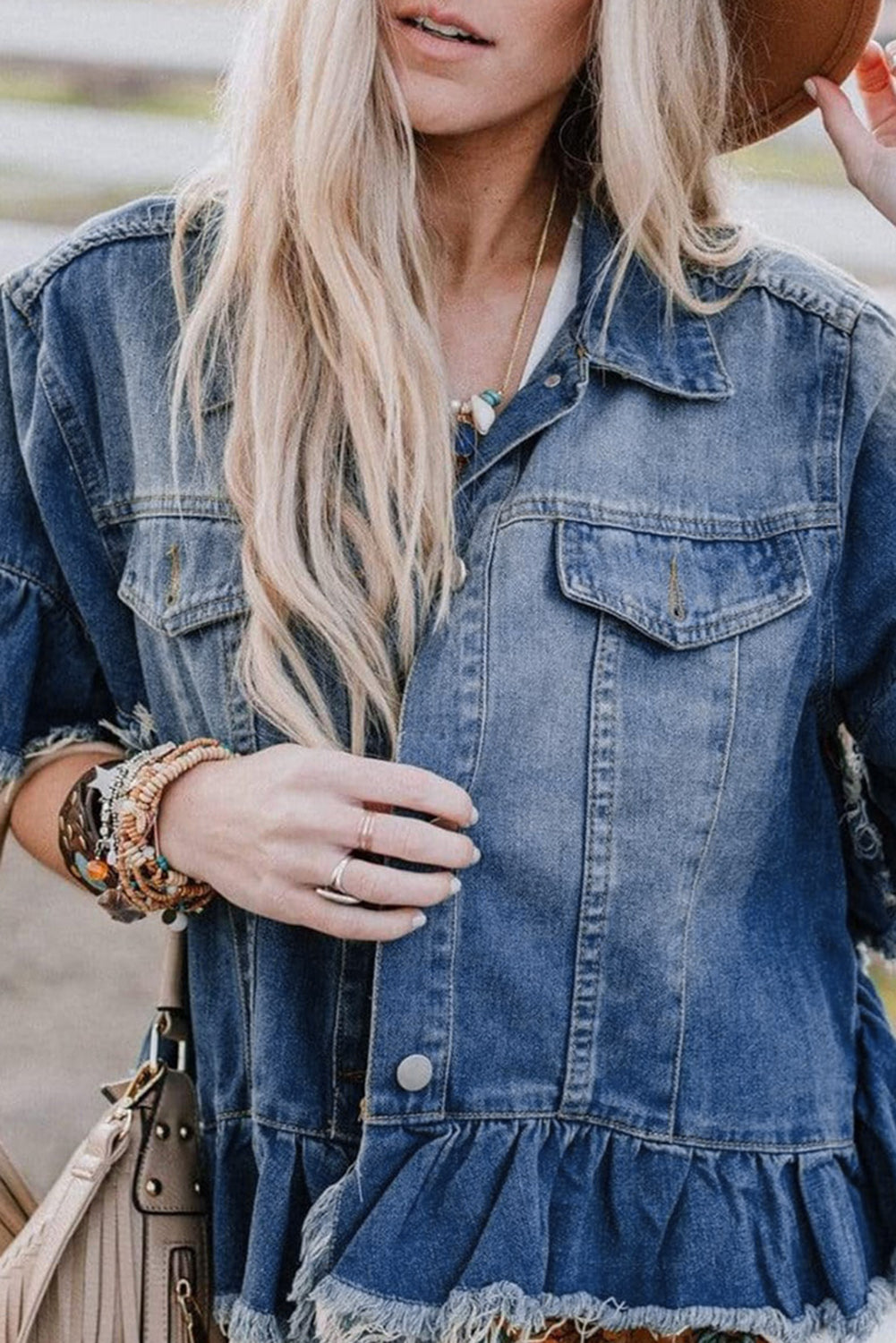 Peacock Blue Raw Edge Ruffled Short Sleeve Denim Jacket