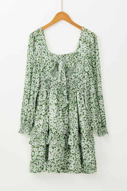 Green Floral Print Square Neck Shirred Waist Tiered Ruffled Mini Dress