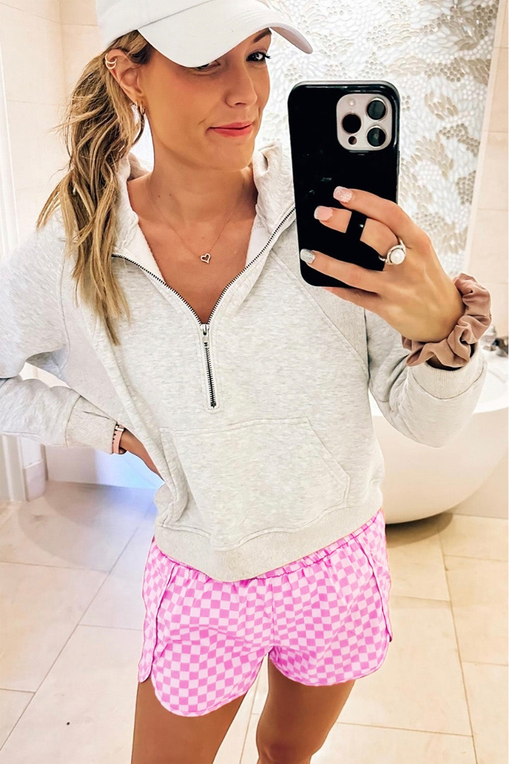 Pink Plaid High Waisted Athletic Shorts