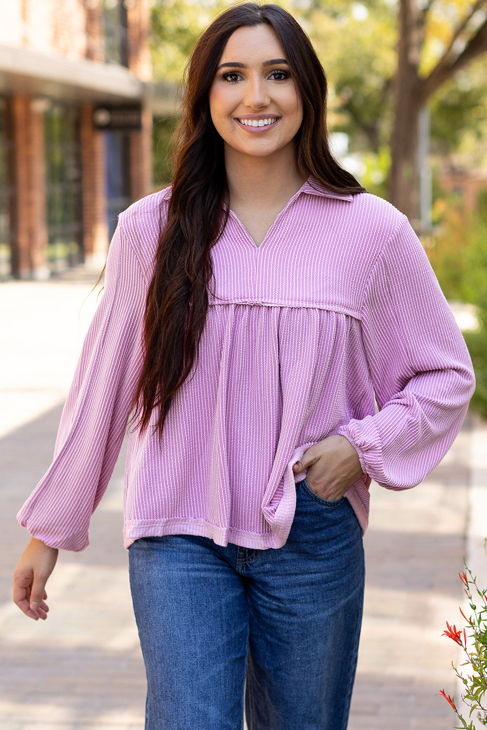 Bright Pink Corded Turn-down V Neck Bubble Sleeve Babydoll Blouse