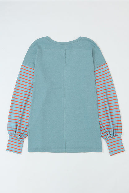 Gray Colorblock Striped Bishop Sleeve Top