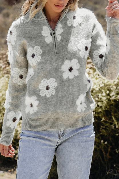 Green Floral Pattern Half Zip Drop Shoulder Sweater