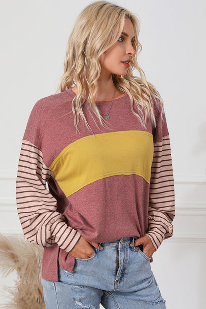 Gray Colorblock Striped Bishop Sleeve Top