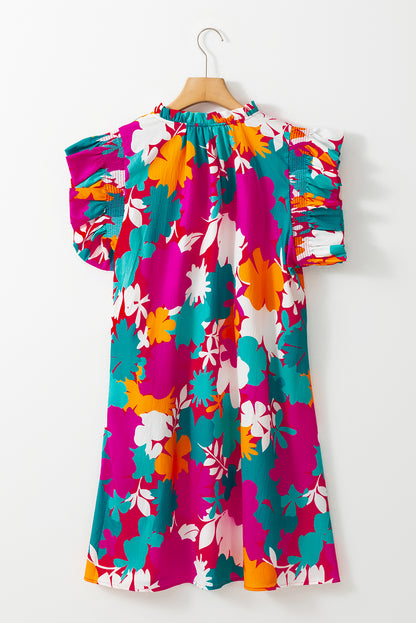 Multicolour Floral Tie Split Neck Flutter Sleeve Mini Dress