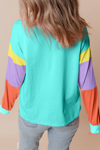 Pink Colorblock Patchwork Long Sleeve Loose Top