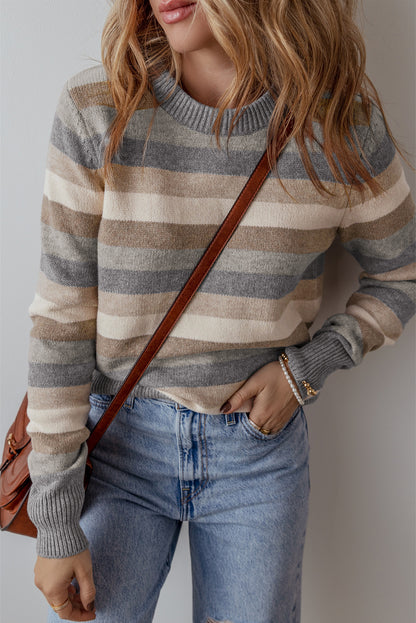 Gray Stripe Color Block Ribbed Edge Round Neck Sweater