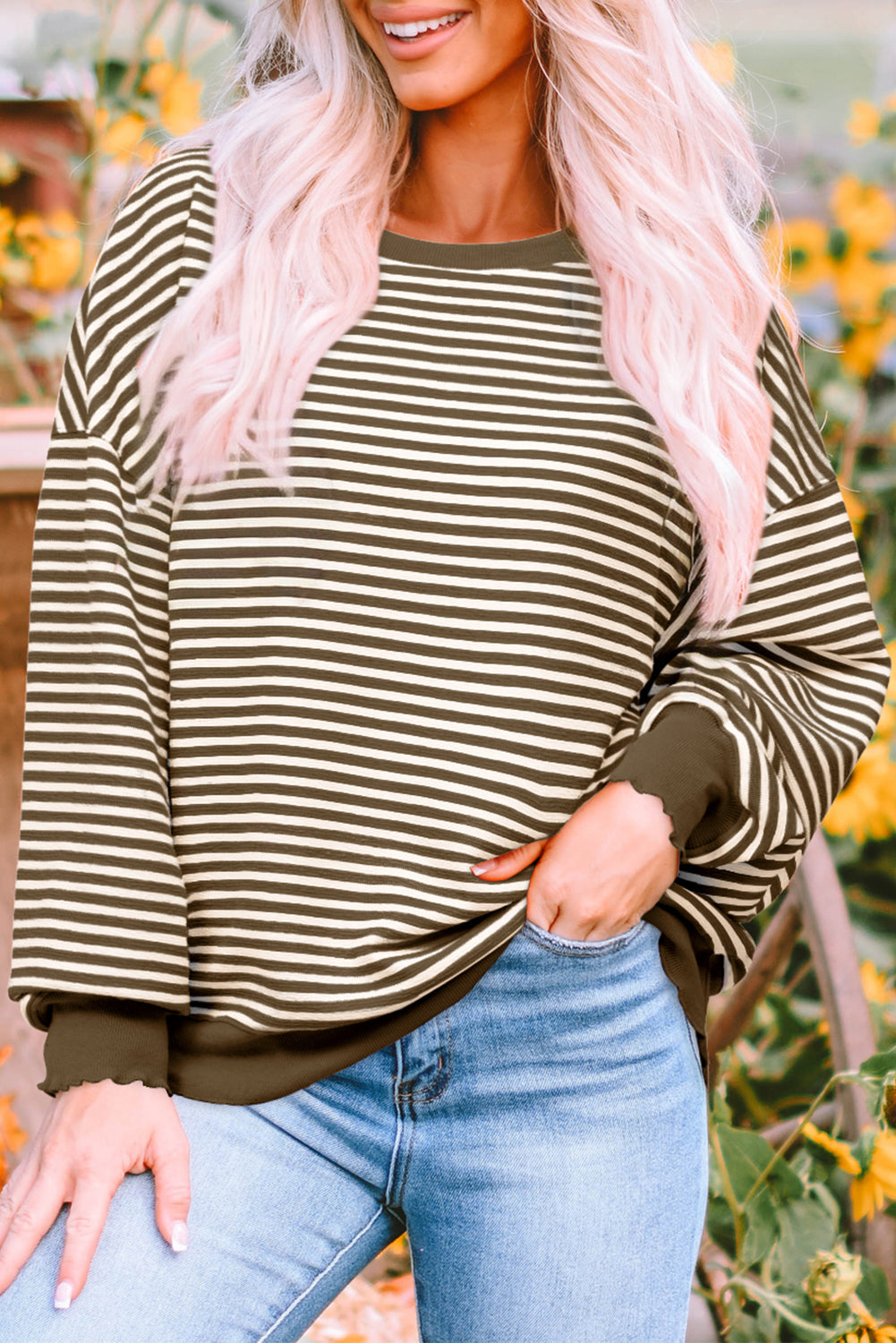 Brown Stripe Loose Drop Shoulder Long Sleeve Top