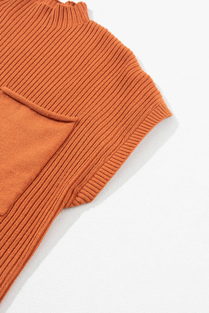 Oatmeal Patch Pocket Ribbed Knit Short Sleeve Sweater