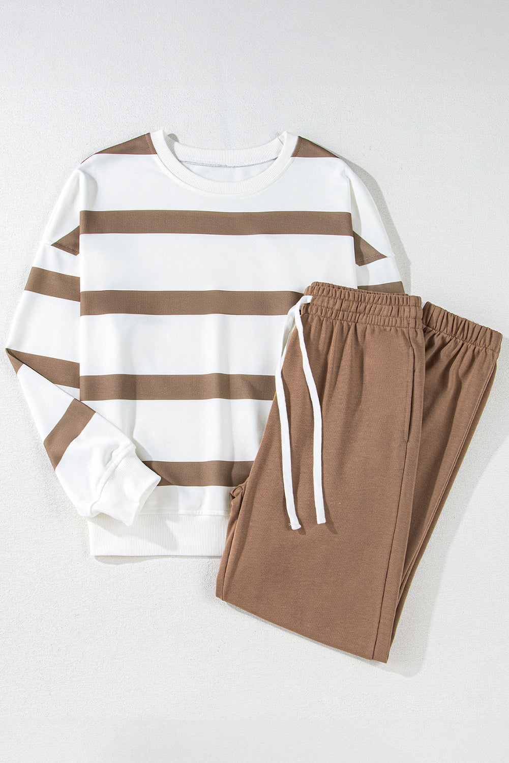 Light French Beige Striped Drop Shoulder Pullover and Jogger Pants Set